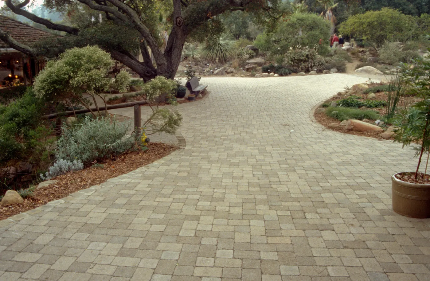 New pavered path at Garden Entrance, entrance oak