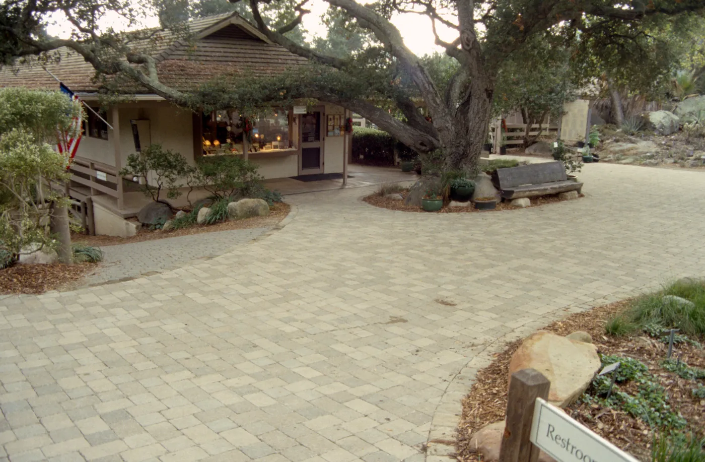 New pavered path at Garden Entrance, entrance oak