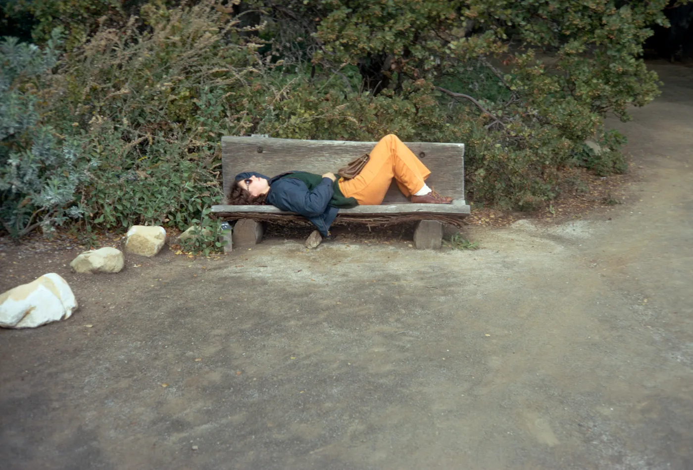 visitor lying on redwood bench, west side of Meadow, Meadow Oaks, Manzanita glauca, dirt path