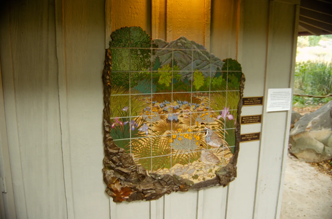 Information Kiosk Dedication, tile mosaic, dedication plaques