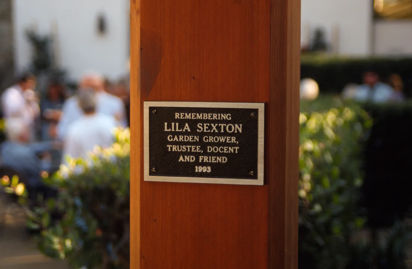 Memorial to Lila Sexton, plaque, Garden Growers Nursery