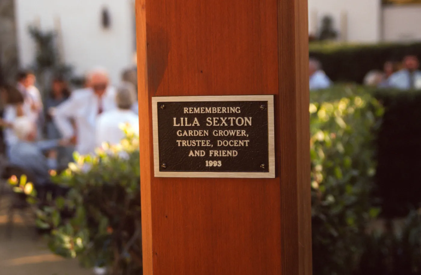 Memorial to Lila Sexton, plaque, Garden Growers Nursery