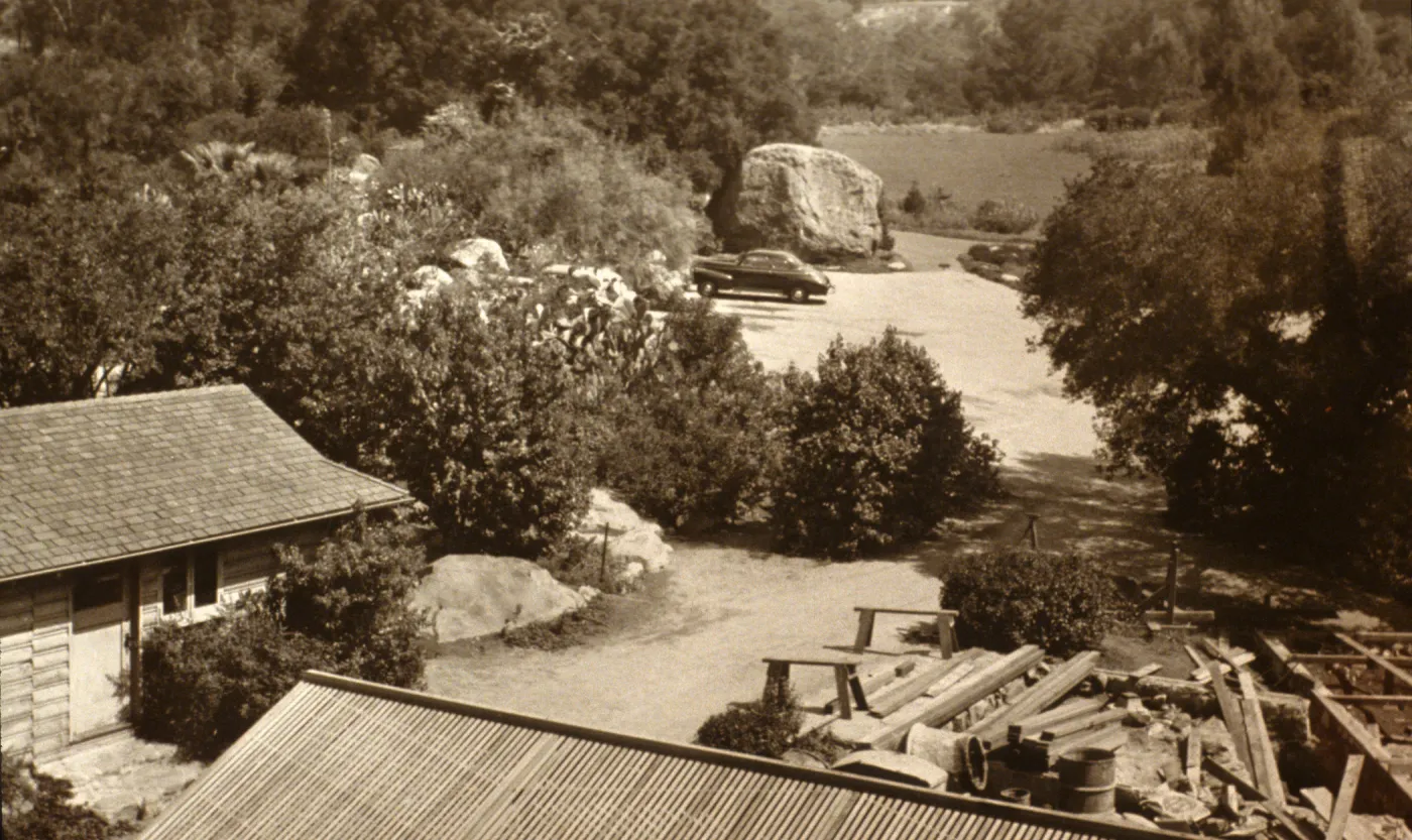 view from new Blaksley Library roof top, SBBG Courtyard and Blaksley Boulder, 1942