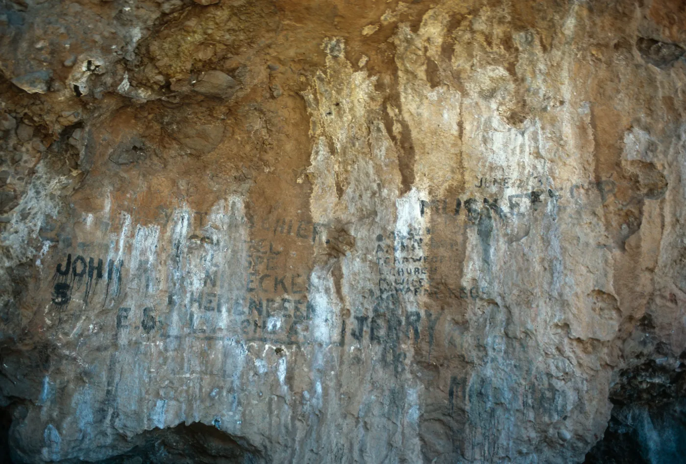 Santa Cruz Island, West side of Dicks Harbor, inscriptions on rock wall