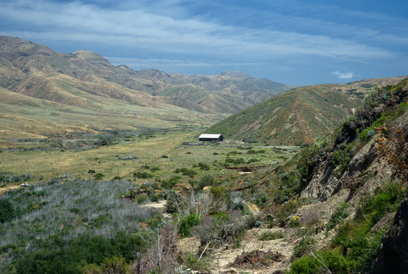 View of Christy Barn and inland road to Pozo, Santa Cruz Island