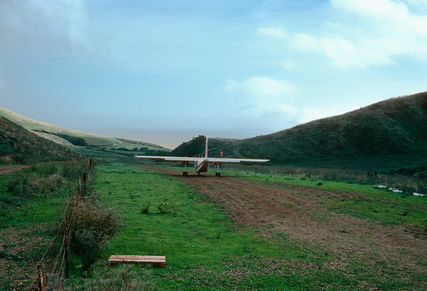 "Islander" taking off on ranch airstrip, Santa Cruz Island