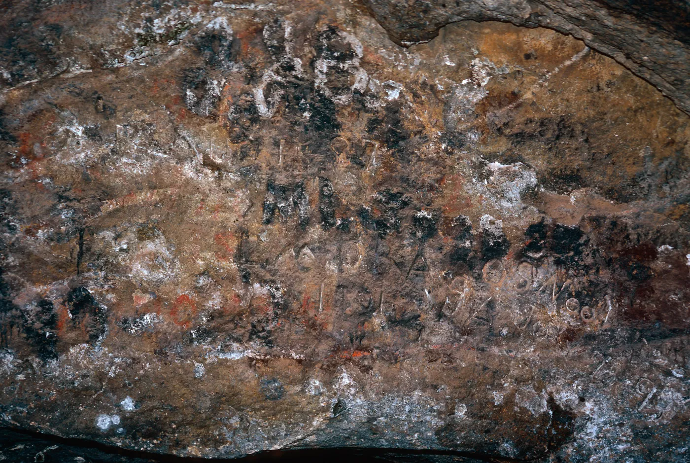 Inscriptions, East entrance, Cueva Valdez, Santa Cruz Island