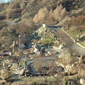 Tea Fire, Mountain Drive, burned home site, unburned fuel surrounding home site