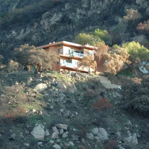 Tea Fire, Mountain Drive, unburned home, fire scape. Note singed and unsinged oaks, chaparral stumps on lower slope.
