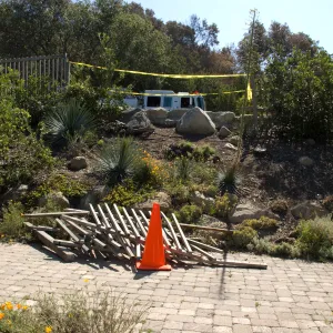 Santa Barbara Botanic Garden after the Jesusita Fire, broken fence