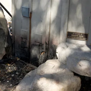 Santa Barbara Botanic Garden after the Jesusita Fire, burned wall of Information Kiosk