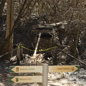 Campbell Bridge and directional sign after the Jesusita Fire