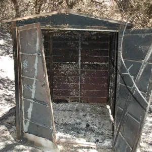 burned metal shed in Mission Canyon after the Jesusita Fire
