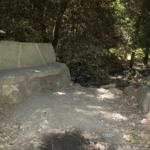 stone bench in Island Section after the Jesusita Fire
