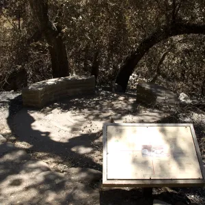 Spiral patio and circular stone bench in the Fiber Arts Display after the Jesusita Fire