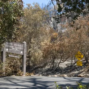 Parking lot entry of the Santa Barbara Botanic Garden after the Jesusita Fire