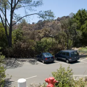 View of the parking lot from Mission Canyon Rd after the Jesusita Fire
