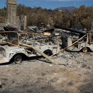garden vehicles burned at the Gane House site, after the Jesusita Fire
