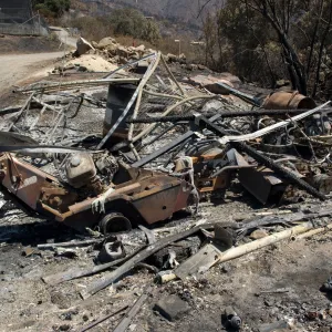 burned equipment at the Gane House site, after the Jesusita Fire