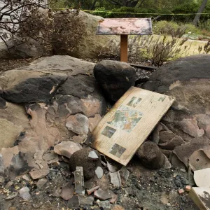 burned interpretive sign at the Home Demonstration Garden, after the Jesusita Fire