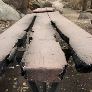 burned picnic table, after the Jesusita Fire