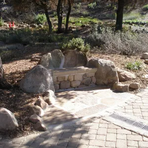New stone bench in the Meadow View after the Jesusita Fire