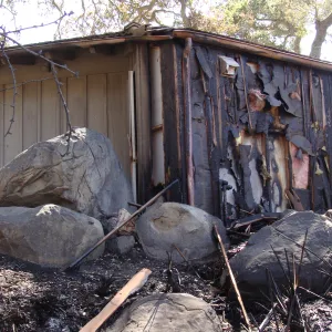 burned backside of the Information Kiosk, after the Jesusita Fire