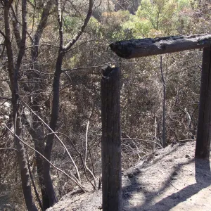 burned railing on the Pritchett Trail, after the Jesusita Fire