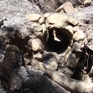rock drainage pipe, drainage from Tunnel Road at the base of Canyon Trail and Pritchett Trail intersection, after the Jesusita Fire