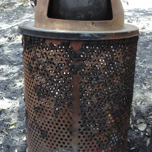 burned trash can along the Canyon Trail, after the Jesusita Fire