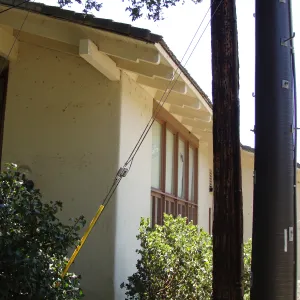 acorn granary, wood power pole at the Herbarium building, was not burned by the Jesusita Fire