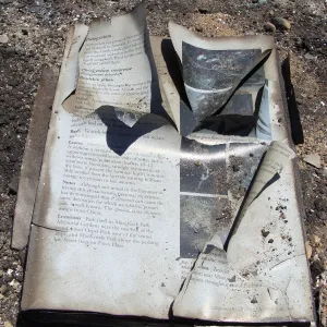 burned pages from a copy of 'Trees of Santa Barbara', after the Jesusita Fire