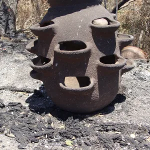 burned clay strawberry pot, at the Gane/Lotterhos site, after the Jesusita Fire