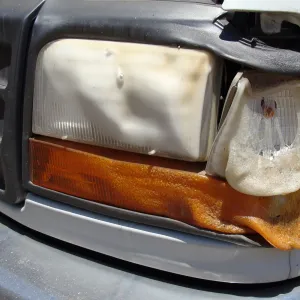 melted head light on garden truck, after the Jesusita Fire