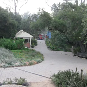 Fire trucks parked at the Garden entrance during the Jesusita Fire