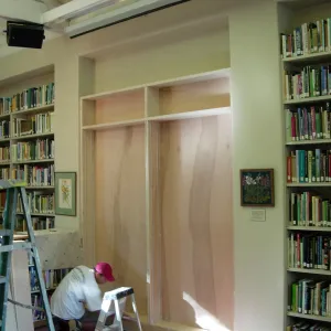 new library shelves installed in former doorway to the Main Office, SBBG 2006 Projects