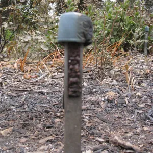 accession stake, damaged signs and public information labels after the Jesusita Fire