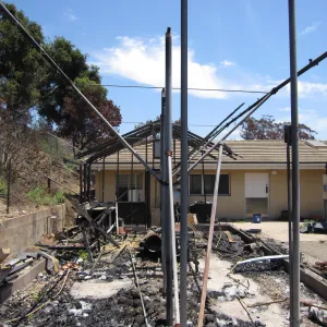 burned conservation lath house, Hort Unit, after the Jesusita Fire