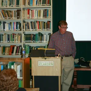 Bob Muller introduces Yale professor F. Herbert Bormann, lecture at SBBG