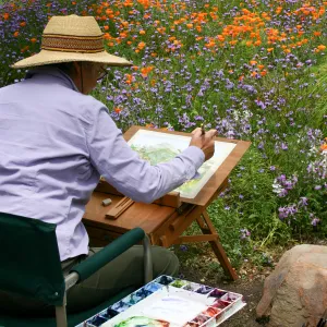 SBBG Entrance, artist painting in the Garden