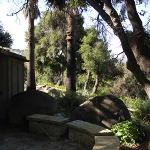 stone bench behind the Information Kiosk, SBBG 2 years after the Jesusita Fire