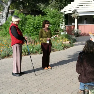 Betsy Collins leads a tour of the Dudleya Display for docents at SBBG 