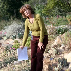 Betsy Collins leads a tour of the Dudleya Display for docents at SBBG 