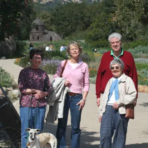 Betsy Thies with family, SBBG, dog on leash