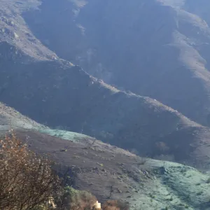 hydromulching by airplane, Santa Ynez mountains, after the Jesusita Fire, 2009