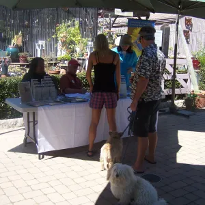 SBBG Community Free Day, Master Gardener table, dog on leash