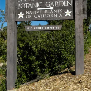 Santa Barbara Botanic Garden sign at Mission Canyon Road entrance to parking lot