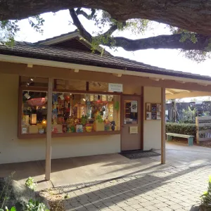 SBBG Entrance, Garden Gift Shop, North Wing, evening sunlight
