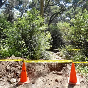 Test pit dug for soil compaction analysis, west side of Campbell Bridge