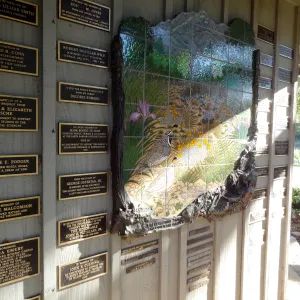 Memorial plaques on Information Kiosk, tile mosaic